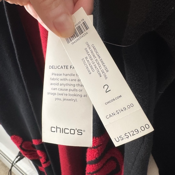 NWT Chicos Cardigan Open Front Longer Length Black Red Textured Scroll Pattern 2 - Picture 15 of 16